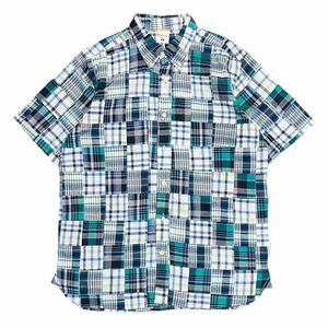 Columbia コロンビア 半袖 パッチワークシャツ XLサイズ ブルー グリーン チェック ボタンダウン アウトドア マチ付き マドラスチェック