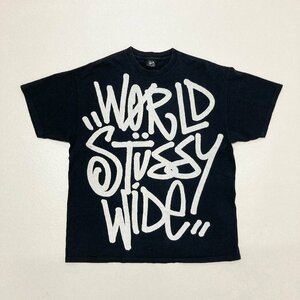 ●00s 初期 STUSSY ステューシー Tシャツ トップス 半袖 フロントデザイン プリント 斜タグ バイアスタグ ブラック メンズXL 0.26kg●