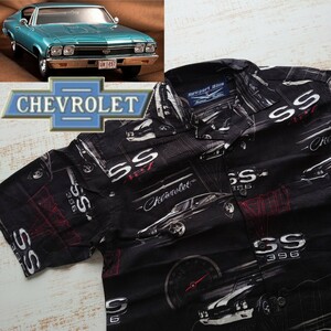 A815 NEW PORT アロハ シャツ 半袖 アメリカ 古着 S CHEVROLET シェベル Chevelle SS 396 マッスル ビンテージカー アメ車 開襟 ハワイアン