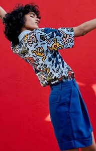 新品 未使用 ラコステ キースヘリング 総柄 半袖 ポロシャツ 36 ブルー系 LACOSTE Keith Haring ロゴ 鹿の子 レディース 定価19,800円！！
