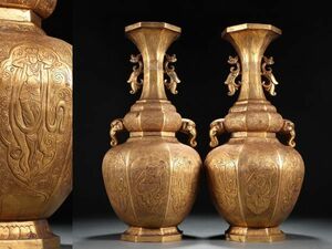 【瓏】古銅鏨刻彫 塗金仙女飛天図六稜瓶一対 唐代 銅器 古賞物 中国古玩 蔵出