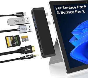 Surface Pro 9 USB ハブ 4K HDMI、USB-C Thunderbolt 4 (8K@30Hz ビデオ+40Gデータ+100W充電)、2xUSB3.0、SD TFカードスロット, 3.5 mm