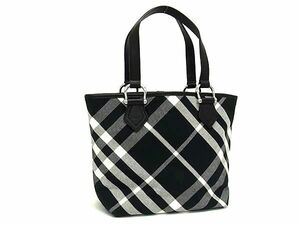 1円 ■美品■ BURBERRY バーバリー キャンバス×レザー チェック柄 ハンドバッグ ショルダー トート ブラック系×ホワイト系 BL0072