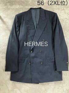 希少な逸品　HERMES エルメス　ダブル　テーラード　6釦　裏地ブランドロゴ　56 2XL位　オーバーサイズ　紺　菅田将暉　100’s イタリア