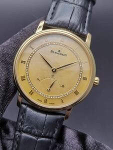 中古美品 ブランパン ヴィルレ ウルトラスリム レトログラード 4063-1460-55 ダイヤモンド シェル文字盤 YG 750 自動巻き メンズ 腕時計