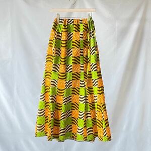 アフリカンバティック　オレンジ　グリーン　ブラウン　マキシ　フレアスカート　ロングスカート　柄