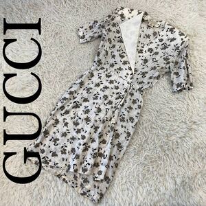 GUCCI グッチ 半袖ワンピース 麻 花柄 ホワイト×グレー系 38サイズ