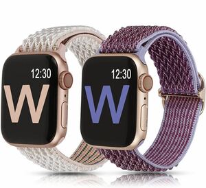 【2個付き】 Apple Watch アップルウォッチ バンド38/40/41mm シリーズSE/8/7/6/5/4/3/2対応 ナイロン製弾性バンド (ピンク＋パープル)