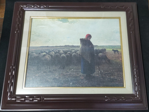 心に宿る世界の名画　A.C.D絵画　フランソワ・ミレー　『羊飼いの少女』　縦50cm 横59cm　額付き
