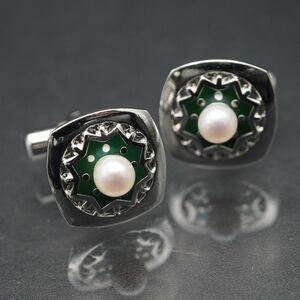 N630 MIKIMOTO ミキモト 真珠 4.9mm珠 パール S刻印 カフスボタン グリーンカラー デザイン シルバー カフリンクス 6月誕生石