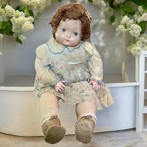 Antique 24” Effanbee Baby Doll Cotton Yarn Hair in Dress 海外 即決