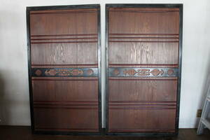 古い木製アンティーク帯戸 2枚セット 朱の横桟と黒帯装飾でお洒落な板戸】和 アンティーク
