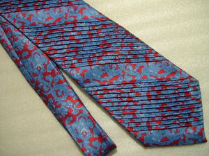 ステファノリッチ　シルクプリーツネクタイ　サックスブルー×赤　幅10cm　ペイズリー柄　絹100％　イタリア製
