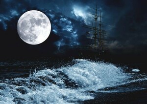 満月 月 スーパームーン Super Luna 帆船と波 天体 神秘 癒し 絵画風 壁紙ポスター 特大A1版830×585mm（はがせるシール式）010A1