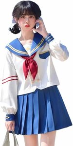 送料無料 新品 セーラー服 紺色 Mサイズ 仮装 JK 制服 コスプレ 長袖 スカート 赤いリボン プリーツスカート C024