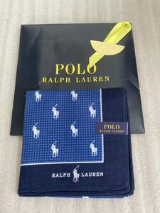 【未使用】POLO RALPHLAURENハンカチ ブルー系　綿100% 日本製　ビジネス　メンズ　紳士 ポロラルフローレン ブランドハンカチ