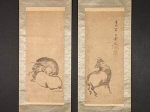 【模写】【伝来】sh9894〈曽我蕭白〉双幅 牛図 奇想の画家 江戸時代中期