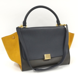 【中古】CELINE トラペーズ 2WAY ハンドバッグ ショルダーバッグ レザー ブラック ネイビー