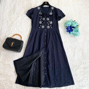 美品★ローラアシュレイ LAURA ASHLEY★大きいサイズ 〜SIZE13 XL相当〜★ボウタイリボン*フラワー刺繍★前開き*ロングワンピース ネイビー