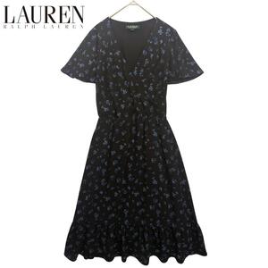 定価27,500円 【美品】 ローレン ラルフローレン LAUREN RALPH LAUREN 花柄 ワンピース ドレス ギャザー カシュクール ちりめん ブラック