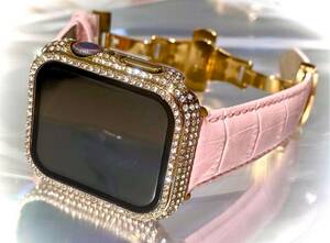 Apple Watch キラキラ　ケース　カバー　レザー　バンド　ベルト　カスタム　保護38 40 41 42 44 45 ゴールド　レディース　ベビーピンク金