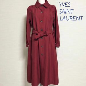 ■美品■Yves saint Laurent イヴサンローラン　ステンカラーコート　ウール100% 裏地付き　レッド+裏地チェック　リボンベルト　三陽商会