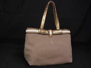 1円 ■美品■ PRADA プラダ ジャガード ハンドバッグ トート ショルダー 肩掛け レディース ブラウン系×ゴールド系 AZ2385