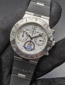 中古美品 箱あり ブルガリ BVLGARI ディアゴノ SCB38S スクーバ FIFA100周年記念 クロノグラフ 白文字盤 SS ラバー 自動巻き メンズ 腕時計