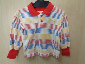 441◆70~80s USA製 Hearth-tex キッズ ボーダー長袖ポロシャツ◆ヘルステックス size3T 子供服 赤×白系 ゆうパケット発送送料360円 5C