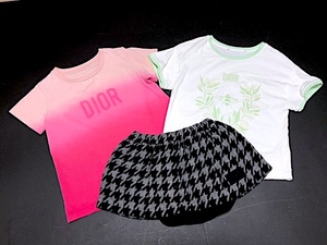 二点落札で送料無料！ 2A48【おまとめ3点セット】baby Dior ベビーディオール 半袖 Tシャツ&ミニスカート 千鳥格子 トップス 1-2才