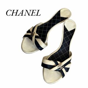 CHANEL シャネル ビンテージ ココマーク ミュール バイカラー 36 サンダル レザー