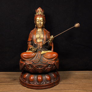 ▽鴻▽ 銅製 塗金 蓮花觀音像 置物 古賞物 中国古玩 中国古美術