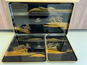 s 輪島塗 山水蒔絵 進物盆 3枚セット 高名光夫銘 わじま龍作 謹製品