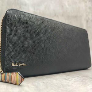 未使用級/近代モデル●ポールスミス Paul Smith メンズ 長財布 ラウンドファスナー マルチストライプ ロゴ プリント PVCレザー 黒 ブラック