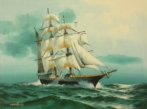 油彩画 洋画 肉筆油絵 F6号 「帆船 海景画」-91- 特価