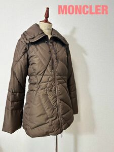 DD0005★10 高級 MONCLER モンクレール レディース キルティングデザイン レザー使い ダウン ジャケット コート ブラウン サイズ0