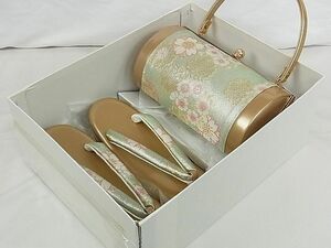 平和屋-こころ店■和装小物　和装バッグ・草履セット　花柄　このび　金糸　逸品　B-oa9049