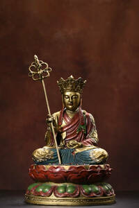 ▽鴻▽ 銅製 彩繪 金鍍 地藏王菩薩像 置物 古賞物 中国古玩 中国古美術