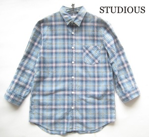 美品!!STUDIOUS ステュディオス*7分袖チェック柄シャツ M サックスブルー系