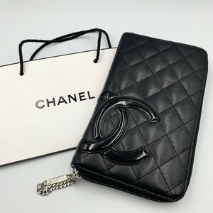 【外観良好】CHANEL シャネル カンボンライン オーガナイザー ラウンドファスナー ココマーク シリアルNo.有 レザー ブラック 長財布 財布