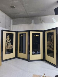 御屏風 本金　山中　蒔絵 戦國屏風　戦国　屏風 28号 京箔 衝立 パーテーション 二枚折り 茶道具 間仕切り インテリア　 置物　二個