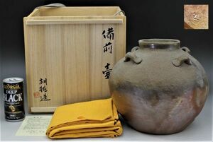 F-115 備前焼 壺 森 胡桃 陶楽窯 高さ21センチ 共箱 共布 しおり 花瓶 花器 花入れ 窯元六姓 蔵出 古玩