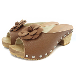 フォクシー FOXEY FLOWER WOODEN SHOES サンダル ミュール レザー S 22.5cm 茶色 ブラウン /SR8 ■SH 28307 レディース