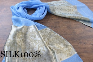 新品 春色 薄手【シルク100% SILK】ペイズリー柄 ライトブルー系 L.BLUE 薄青 ゴールド GOLD 金 スカーフ/ストール