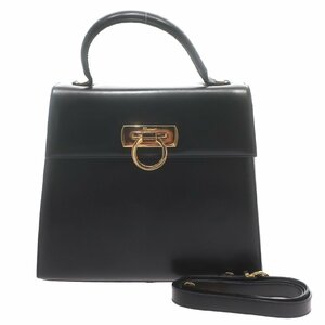 1円スタート Salvatore Ferragamo サルヴァトーレフェラガモ ガンチーニ 2way ハンドバッグ AK 0536 ゴールド金具 ショルダー レザー 黒