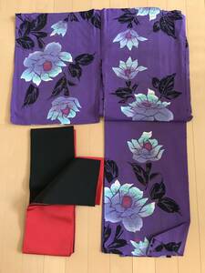 レディース 浴衣 帯 セット 紫色 赤黒色 リバーシブル 花柄 ゆかた 着物 パープル　薔薇