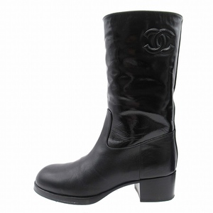 美品 21A シャネル CHANEL ANKLE BOOTS ココマーク カーフスキン ミドルブーツ チャンキー 中ヒール 靴 36.5C/23.5 黒 G37981 21aw/●X06