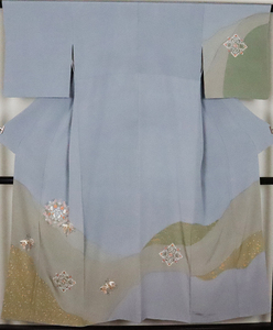 訪問着 袷 正絹 青グレー 刺繍花喰鳥 華紋 Sサイズ ki25549 着物 レディース 入学式 卒業式 送料無料 リサイクル 中古