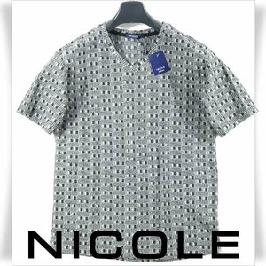 新品1円～★ニコル セレクション NICOLE selection 半袖 ストレッチ コットン綿 Vネック 幾何学模様柄 カットソー 48 L グレー 黒 ◆1194◆