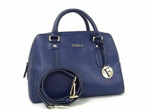 1円 ■美品■ FURLA フルラ エレナ レザー 2WAY ハンドバッグ ショルダーバッグ 肩掛けかばん レディース ブルー系 BG8281